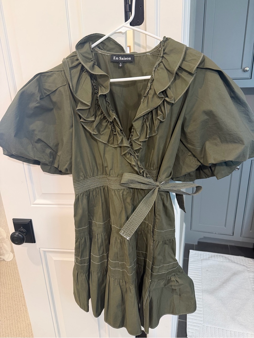 En Saison Olive Green Ruffle Tie-Waist Dress